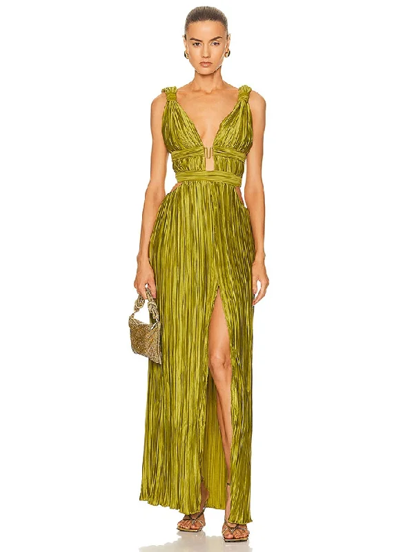 Sexy Sleeveless V Neck Hollowe Out Long Dress Women Green Straps Backless High Waist Pleated Split Maxi Dress Party Evening Dres Trendy V-Neck Maxi Dress