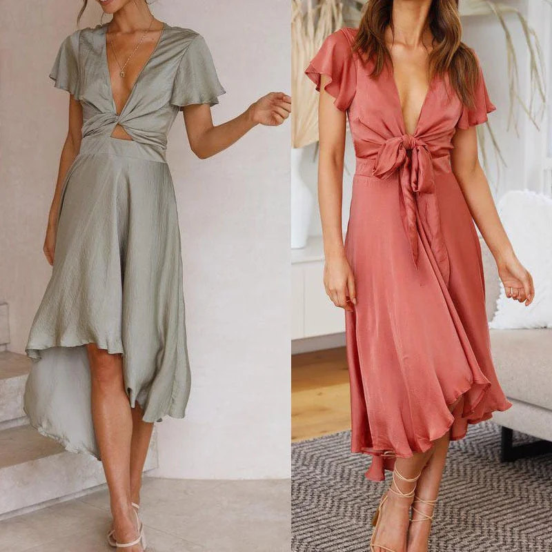 Sexy solid V-neck irregular hem short-sleeved Maxi dress Women Casual Midi Holiday Summer Dress Female High Waist Beach Dresses Elegant Pleated Maxi Dress