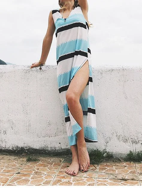 Sexy Stripe Deep V Neck Sleeveless Side Split Beach Maxi Dress Fashionable Printed Maxi Dress