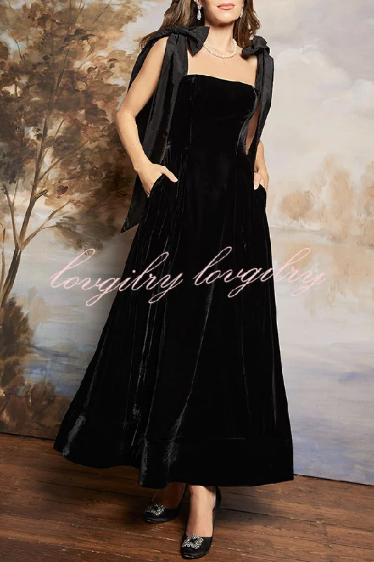 Romantic Type Velvet Bandeau Taffeta Bow Strap Pocketed Prom Maxi Dress Stylish Pleated A-Line Maxi Dress