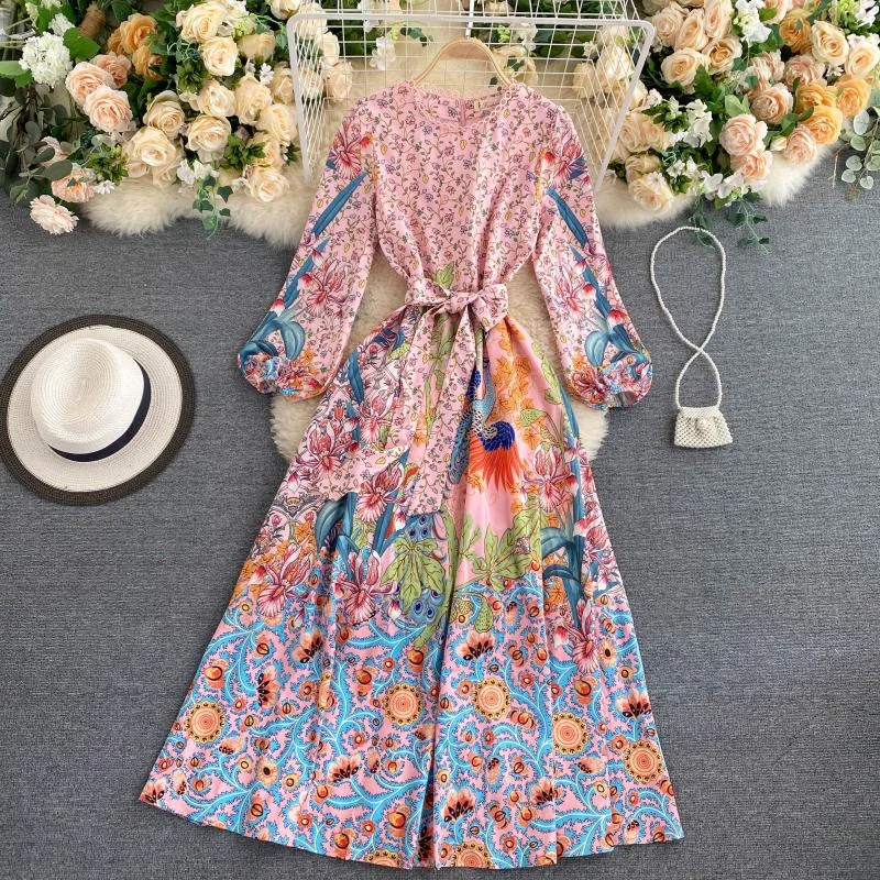 SINGRAIN Chic Retro Print Maxi Dress Women French Puff Sleeve Lace up A-line Dress Autumn Elegant Streetwear Long Robe Fashionable High-Low Maxi Dress