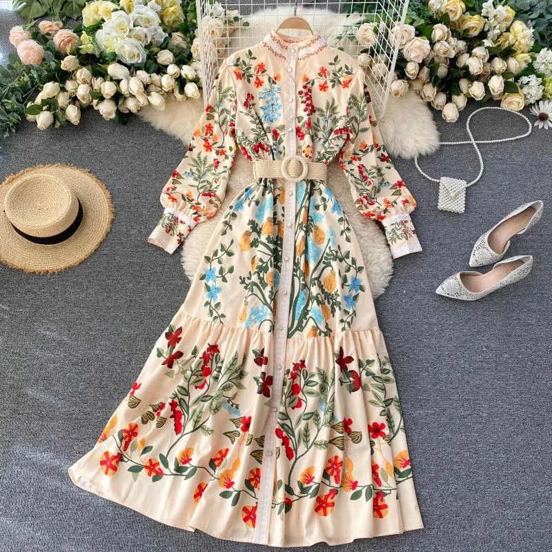 SINGRAIN Women Vintage Print Dress Autumn Stand Collar Button Puff Sleeve Long Robe Chic Flower Streetwear Maxi Dresses Stylish One-Shoulder Maxi Dress