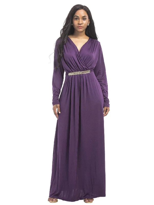 Solid Color V-neck Maxi Dress Elegant Silk Maxi Dress