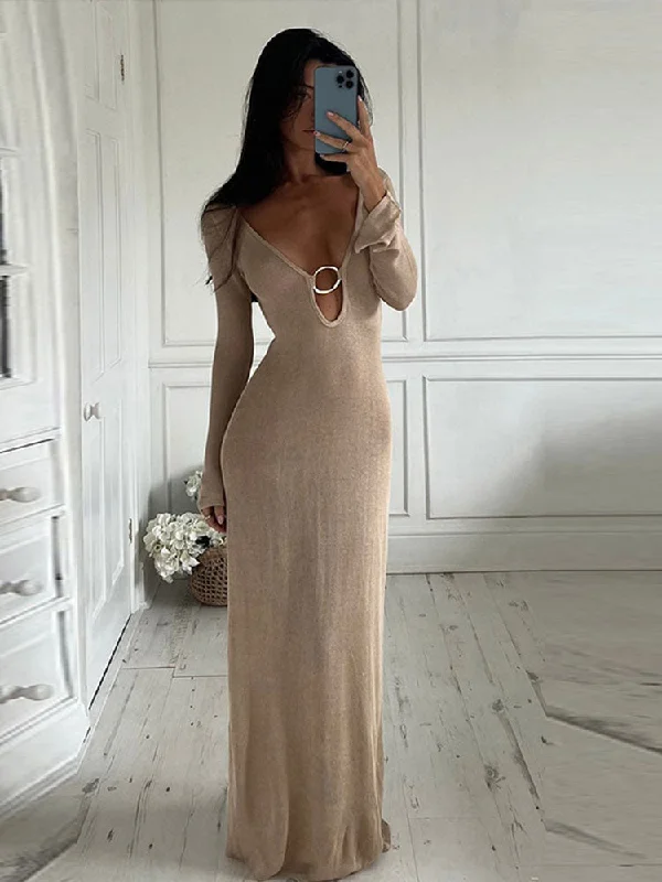 Solid Sexy Hollow Out Backless Female Knitted Dress Deep V Neck Long Sleeve Maxi Dresses Lady Beach Vocation Party Vestidos Comfortable Flowy Maxi Dress