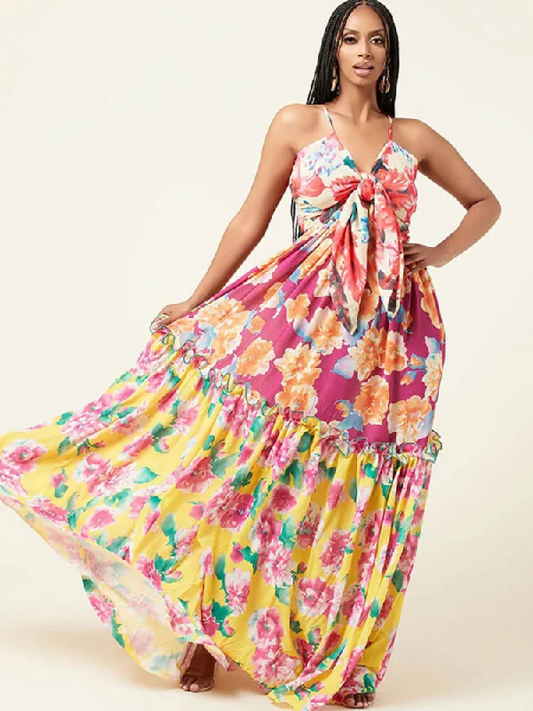 Spaghetti Strap V Neck Floral Maxi Dresses Classic Tulle Maxi Dress