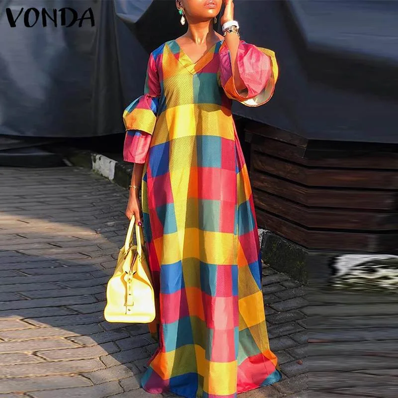 Summer Evening Party Maxi Dress Women Vintage Plaid Patchwork Dress 2022 VONDA Sexy Puff Sleeve Holiday Vestidos Stylish V-Neck Maxi Dress