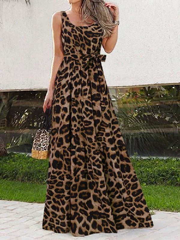 Casual Sexy Sleeveless Leopard Print Maxi Dress Cozy Knit Maxi Dress