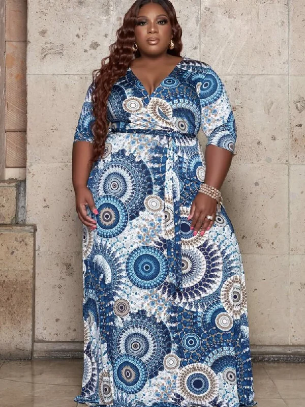 Plus Size Long Sleeve V Neck Print Maxi Dress Comfortable Cotton Maxi Dress