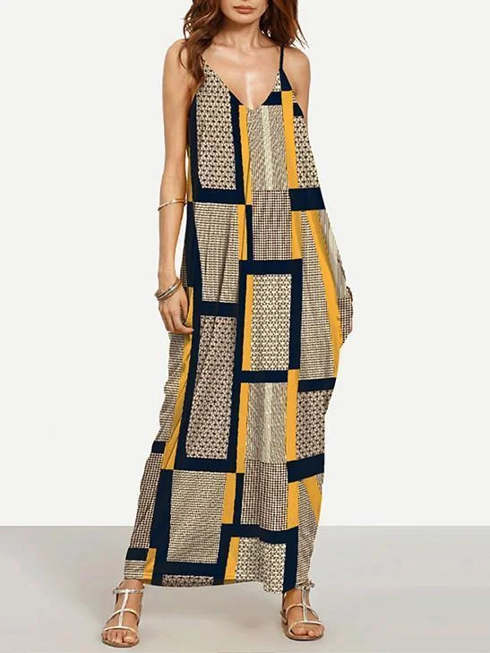 Unique Yellow Plaid Spaghetti Straps V Neck Maxi Dress Cozy Maxi Dress with Slit