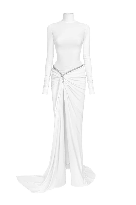 VERA WHITE HIGH-NECK DRAPED MAXI DRESS Elegant Wraparound Maxi Dress