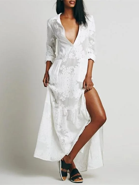 White Split-side Lapel Collar Maxi Dress Trendy V-Neck Maxi Dress