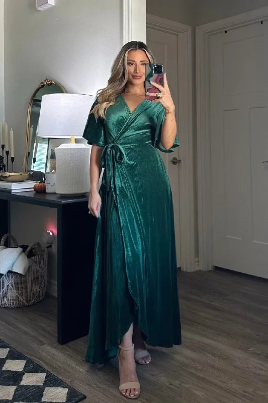 Winter Wonders Velvet Wrap Maxi Dress: Emerald Trendy Floral Print Maxi Dress