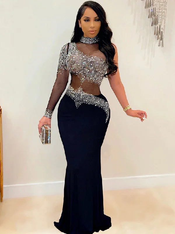 Plus Size Rhinestone Mesh Bodycon Maxi Dresses Trendy A-Line Maxi Dress