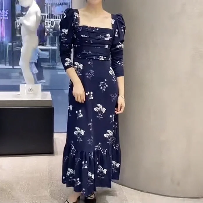 Women Dress 2022 Early Autumn Blue Floral Navy Blue Waist Printed Square Collar Maxi Dress Fashionable Layered Maxi Dress