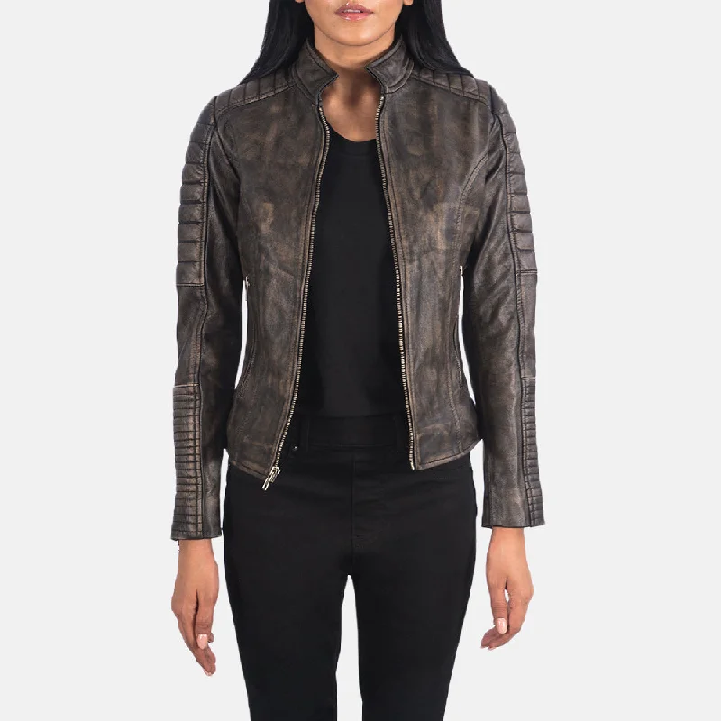 Adalyn Quilted Distressed Brown Leather Biker Jacket Welt Pockets Slit Pockets Flap Pockets Adalyn Quilted Distressed Brown Leather Biker Jacket Welt Pockets Slit Pockets Flap Pockets