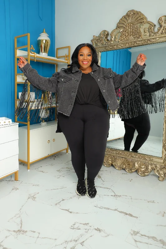 Black Fringe Denim Crop Jacket Fleece Jacket Down Jacket Feather Jacket
