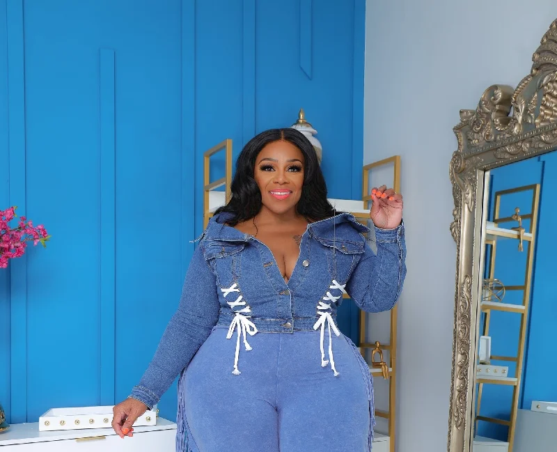 Blue Denim Lace Up Jacket Welt Pockets Slit Pockets Flap Pockets