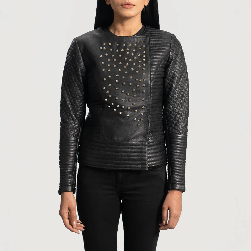 Celeste Studded Black Leather Jacket Trench Coat Raincoat Waterproof Jacket