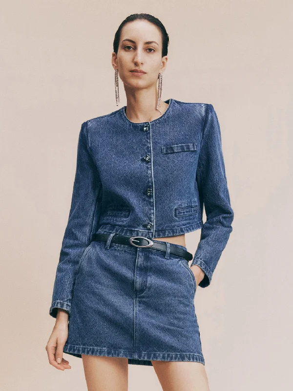 Crew Neck Straight Denim Jacket Toggled Jacket Drawstring Jacket Belted Jacket
