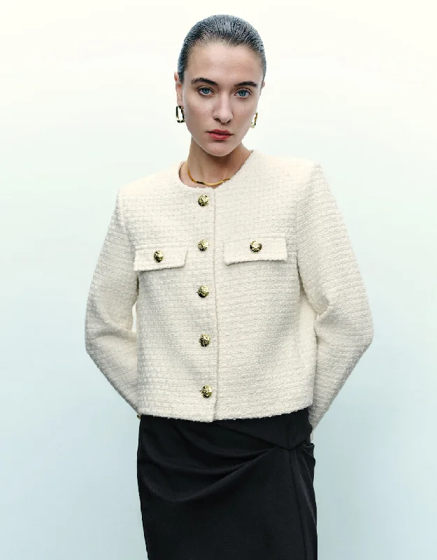 Crew Neck Tweed Jacket Elasticated Jacket Padded Jacket Insulated Jacket