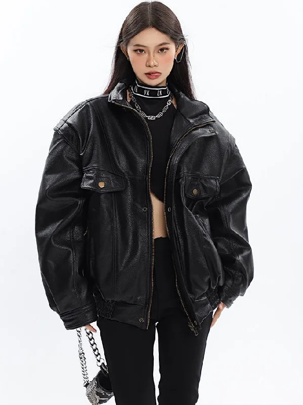 Elena Solid Color Black Faux Leather Long Sleeve Zip Up Jacket Anorak Shell Jacket Lightweight Jacket Elena Solid Color Black Faux Leather Long Sleeve Zip Up Jacket Anorak Shell Jacket Lightweight Jacket