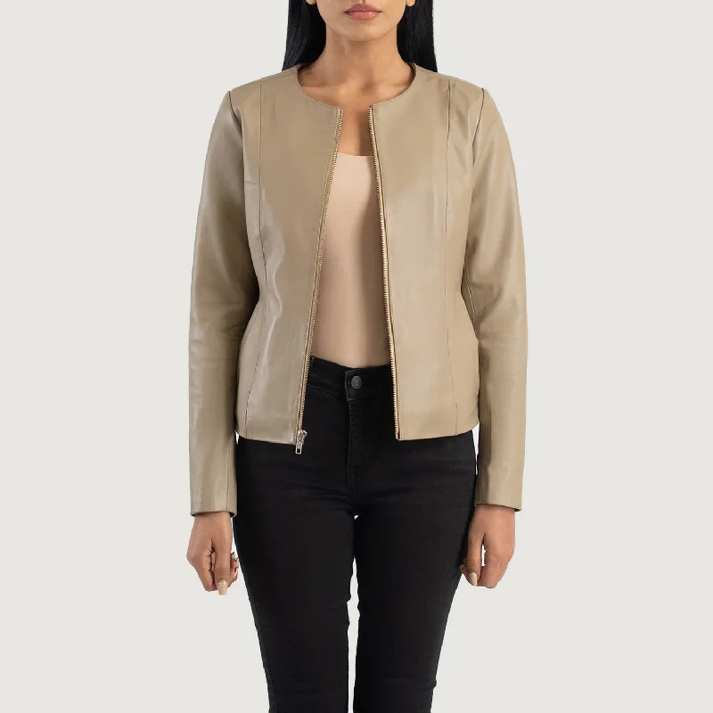 Elixir Beige Collarless Leather Jacket Bomber Jacket Anorak Windbreaker
