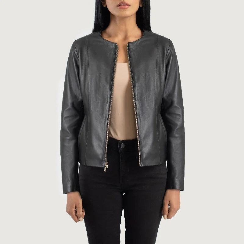Elixir Black Collarless Leather Jacket Jacket Blazer Coat