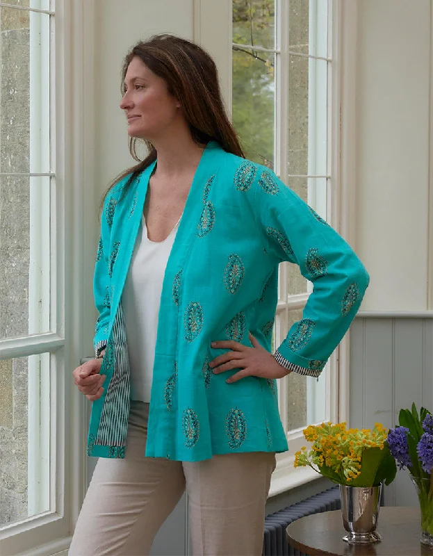 'Faith' Cotton Jacket | Turquoise Welt Pockets Slit Pockets Flap Pockets