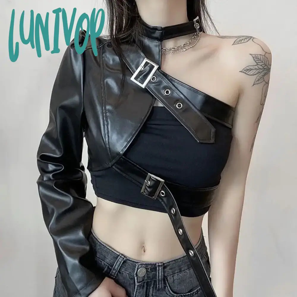 Lunivop Gothic Black PU Leather Jacket Women One Shoulder Halter Buckle Hip Hop Fashion Streetwear Zipper Up Cropped Jackets Woman Nylon Fabric Polyester Fabric Spandex Fabric Lunivop Gothic Black PU Leather Jacket Women One Shoulder Halter Buckle Hip Hop Fashion Streetwear Zipper Up Cropped Jackets Woman Nylon Fabric Polyester Fabric Spandex Fabric