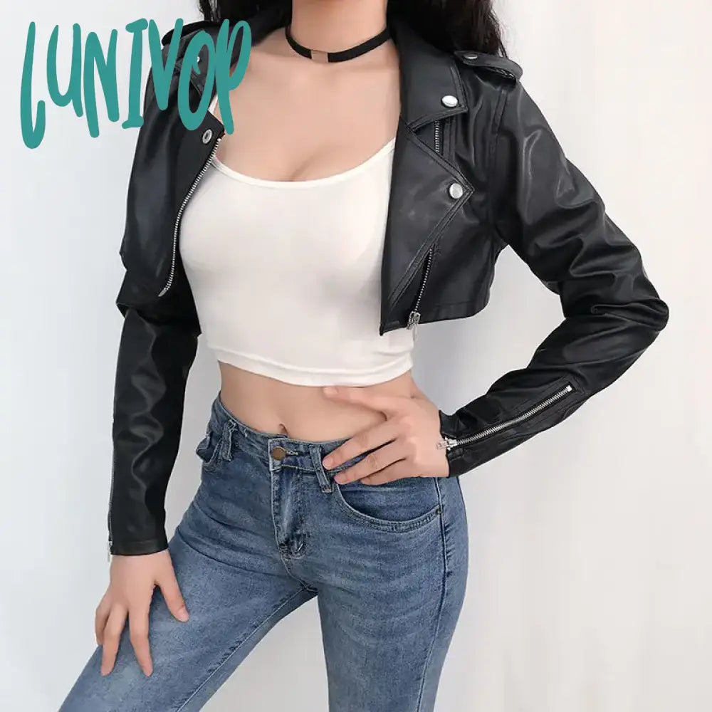 Lunivop Trend Fashion PU Sexy Crop Jacket Spring Motorcycle Biker Faux Leather Coat Y2K Streetwear Zipper Up Female Short Jacket Women Faux Fur Jacket Real Fur Jacket Shearling Jacket