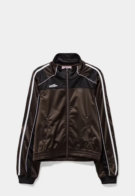 MARTINE ROSE Woven Shrunken Knit Shine Track Jacket - Brown/Black Denim Fabric Leather Fabric Suede Fabric MARTINE ROSE Woven Shrunken Knit Shine Track Jacket - Brown/Black Denim Fabric Leather Fabric Suede Fabric