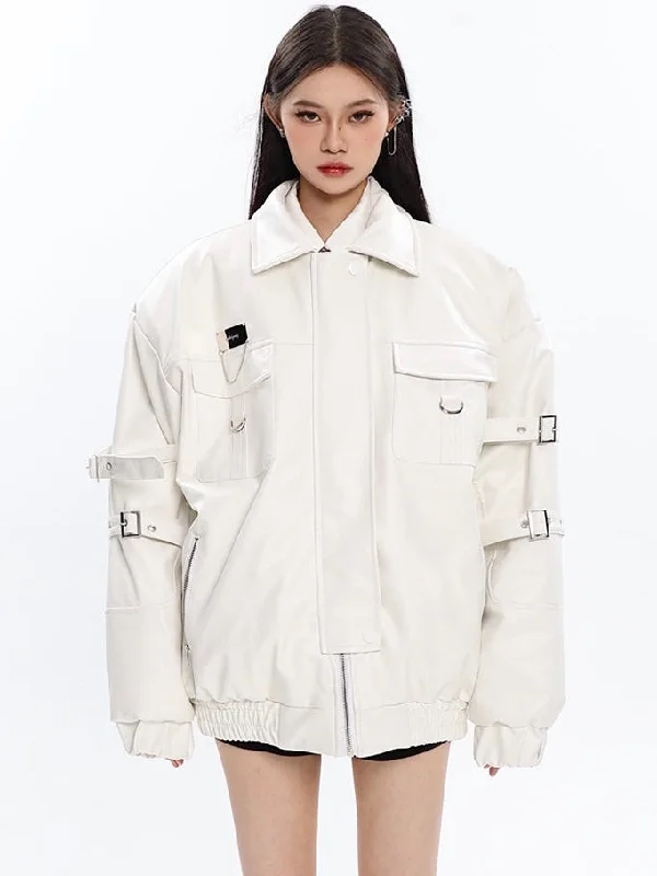 Maya Solid Color White Long Sleeve Multi-Strap Long Sleeve Zip Up Jacket Belted Jacket Elasticated Jacket Padded Jacket Maya Solid Color White Long Sleeve Multi-Strap Long Sleeve Zip Up Jacket Belted Jacket Elasticated Jacket Padded Jacket