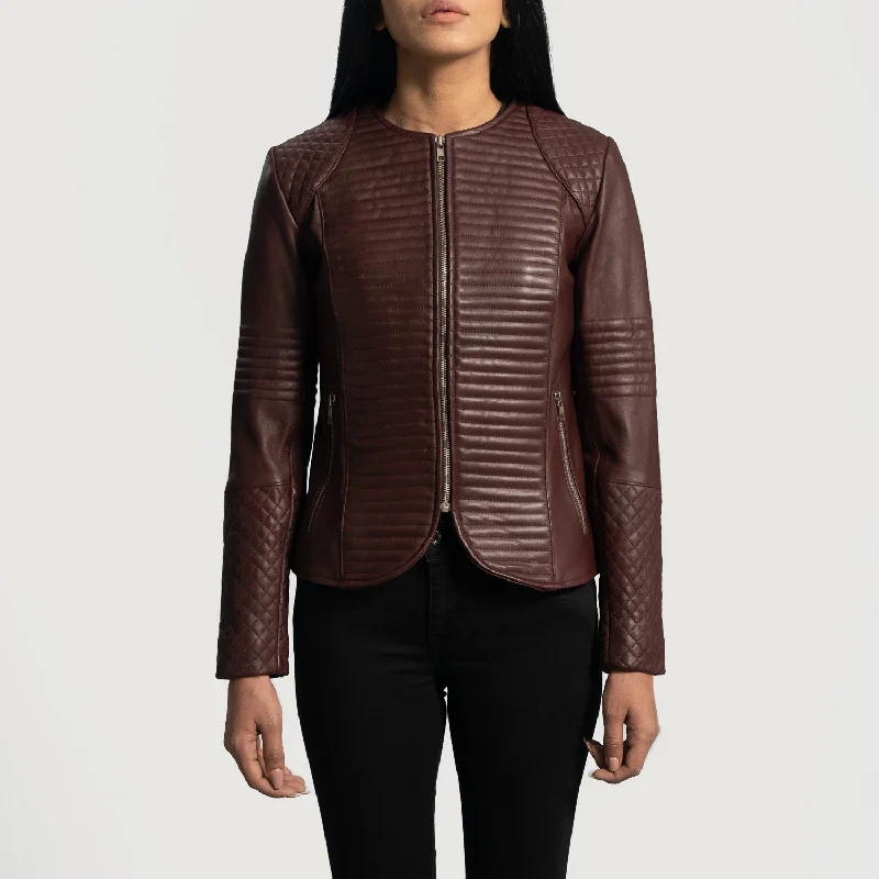 Nexi Quilted Maroon Leather Jacket Notch Collar Peter Pan Collar Cowl Neck