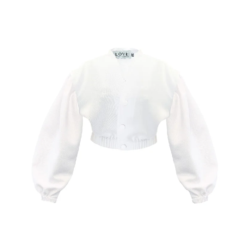 Off-white denim jacket with buff sleeves. Ribbed Jacket Pleated Jacket Ruffled Jacket Off-white denim jacket with buff sleeves. Ribbed Jacket Pleated Jacket Ruffled Jacket
