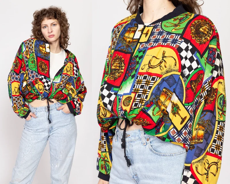 One Size 80s Baroque Print Cropped Bomber Jacket Welt Pockets Slit Pockets Flap Pockets