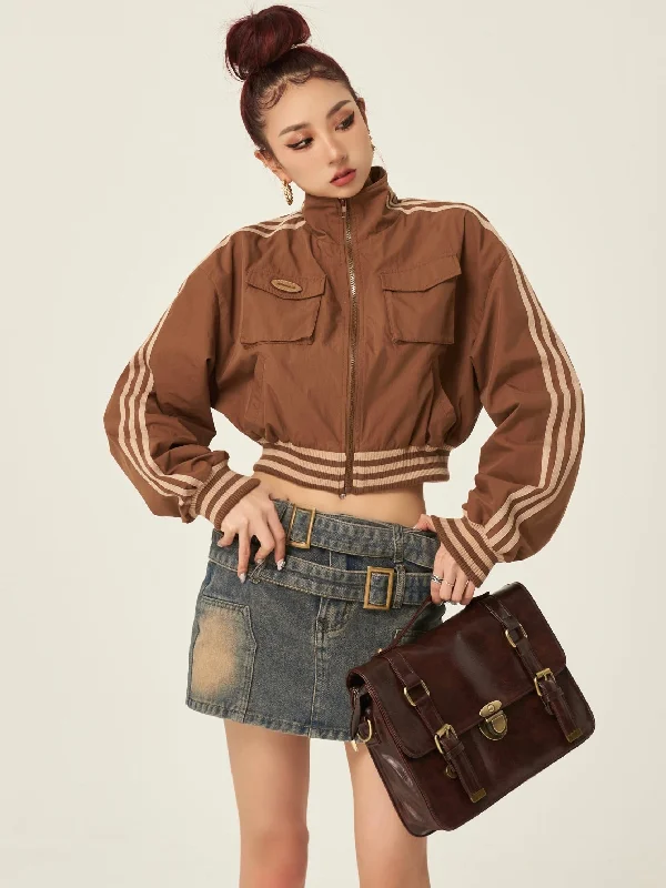 Paige Brown Stripe Long Sleeve Zip Up Turtleneck Multi-Pocket Jacket Striped Jacket Polka Dot Jacket Floral Jacket Paige Brown Stripe Long Sleeve Zip Up Turtleneck Multi-Pocket Jacket Striped Jacket Polka Dot Jacket Floral Jacket