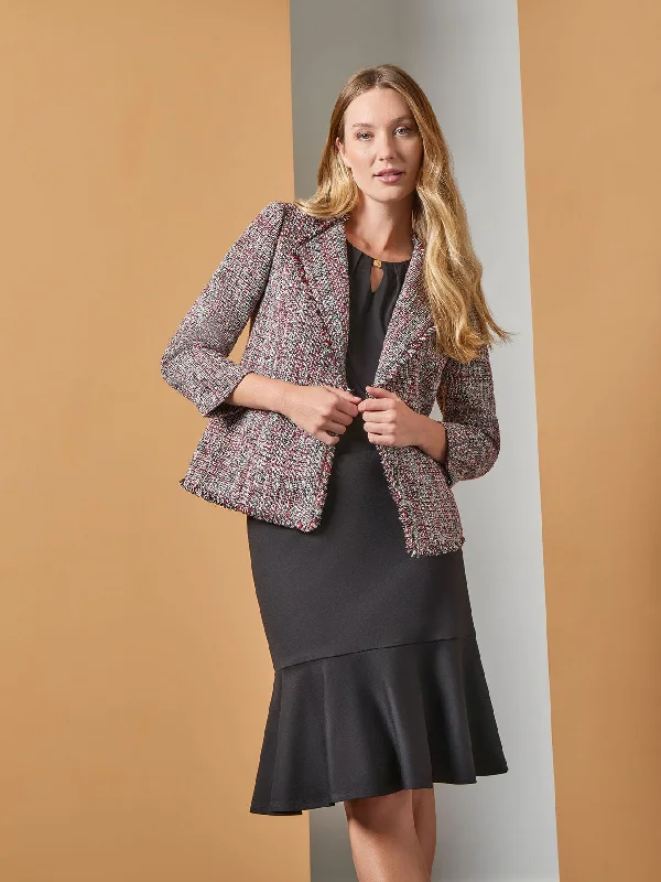 Plus Textured Tweed Jacket Stand-Up Collar Roll-Neck Collar Turtle Neck