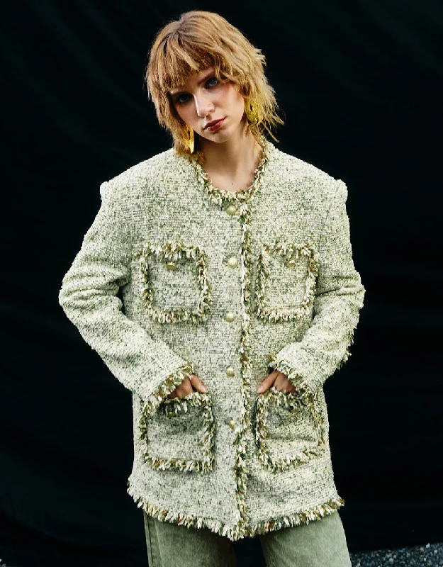 Raw Hem Crew Neck Tweed Jacket Satin Fabric Silk Fabric Chiffon Fabric