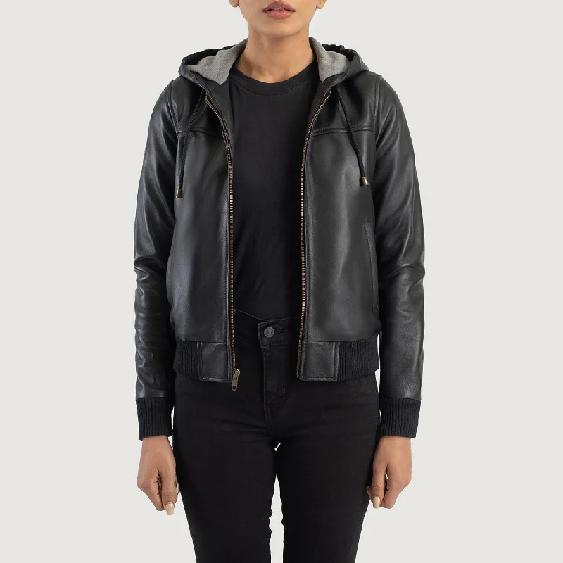 Rebella Black Hooded Leather Bomber Jacket Anorak Shell Jacket Lightweight Jacket