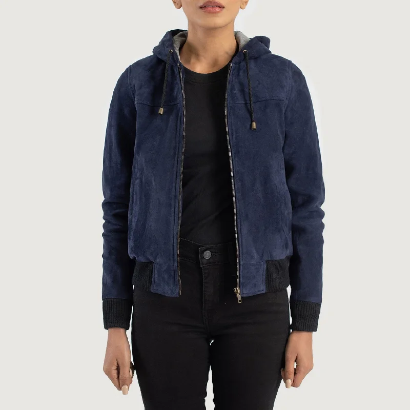 Rebella Blue Hooded Suede Bomber Jacket Insulated Jacket Fitted Jacket Loose Jacket Rebella Blue Hooded Suede Bomber Jacket Insulated Jacket Fitted Jacket Loose Jacket