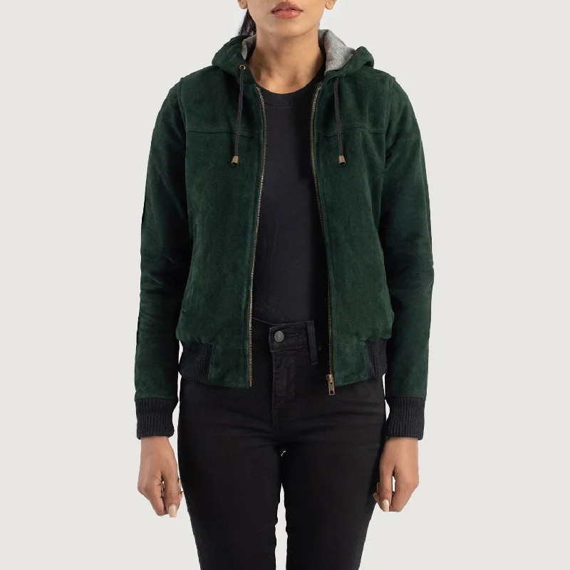 Rebella Green Hooded Suede Bomber Jacket Faux Fur Fabric Real Fur Fabric Shearling Fabric Rebella Green Hooded Suede Bomber Jacket Faux Fur Fabric Real Fur Fabric Shearling Fabric