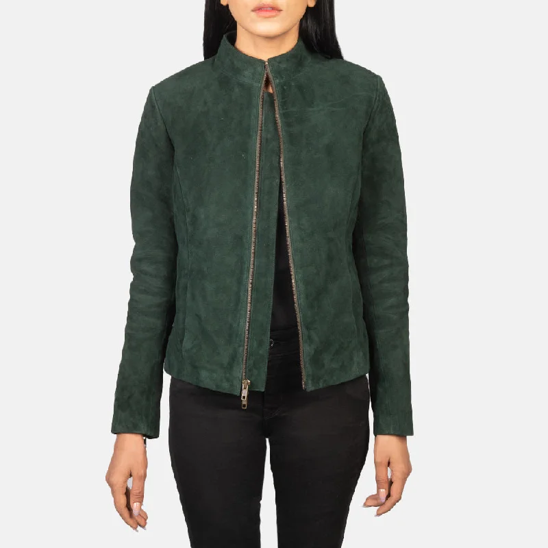 Rumella Green Suede Biker Jacket Knit Fabric Woven Fabric Fleece Fabric