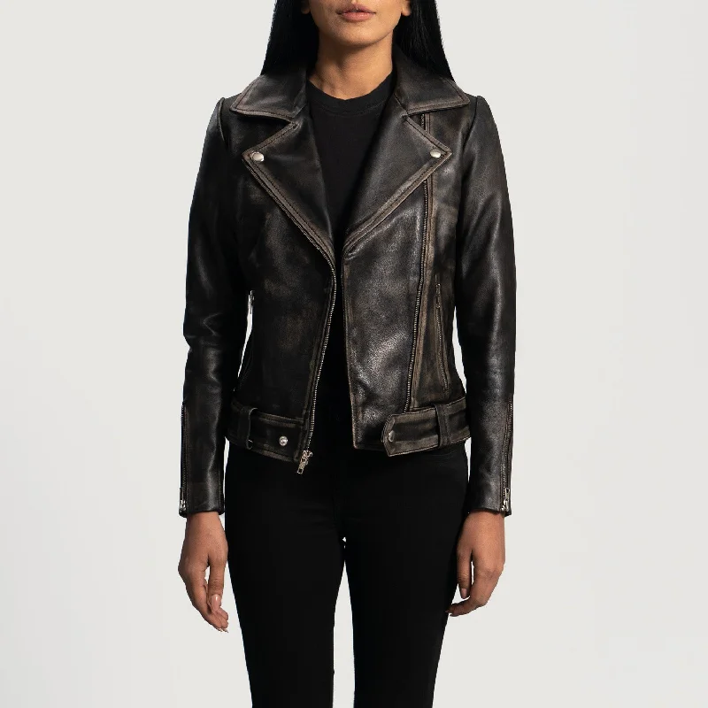 Rumy Distressed Brown Leather Biker Jacket Welt Pockets Slit Pockets Flap Pockets