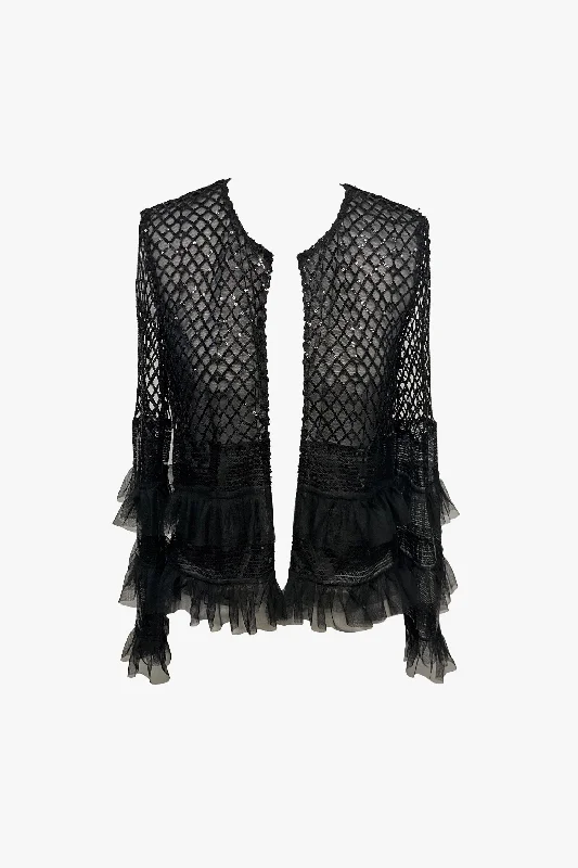 Sequins and Tulle Jacket Notch Collar Peter Pan Collar Cowl Neck