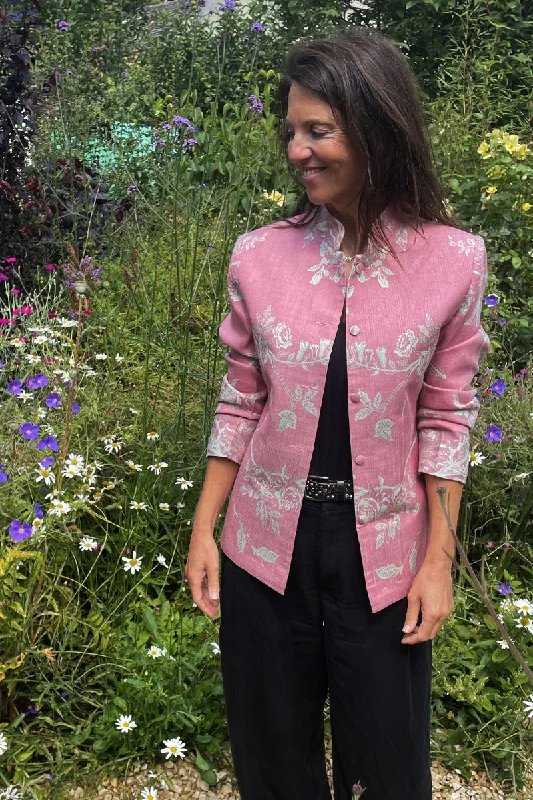 Short Nehru Jacket in Rococo Pink Chenille Fabric Brocade Fabric Lace Fabric