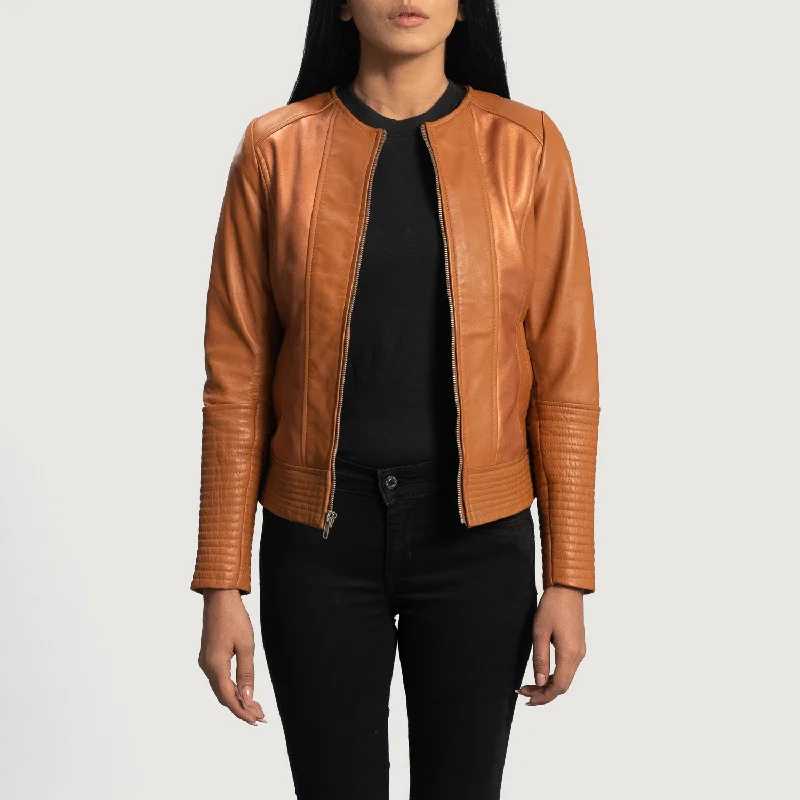 Sleeky Clean Tan Leather Biker Jacket Fleece Jacket Down Jacket Feather Jacket