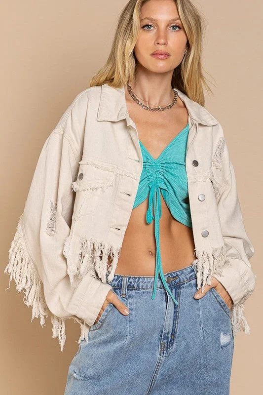 Denim distressed fringe jacket Front Pockets Side Pockets Patch Pockets