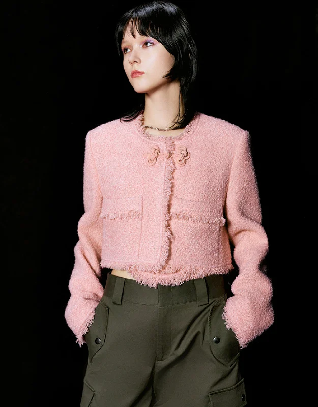 Raw Hem Crew Neck Tweed Jacket Rayon Fabric Velvet Fabric Corduroy Fabric