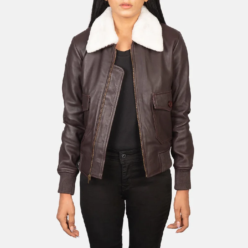 Stella G-1 Maroon Leather Bomber Jacket Boat Neck Shawl Collar Notched Collar