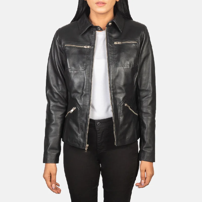 Tomachi Black Leather Jacket Front Pockets Side Pockets Patch Pockets